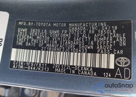 2018 Toyota Corolla Le z USA, uszkodzony, nr VIN 2T1BURHE2JC100433